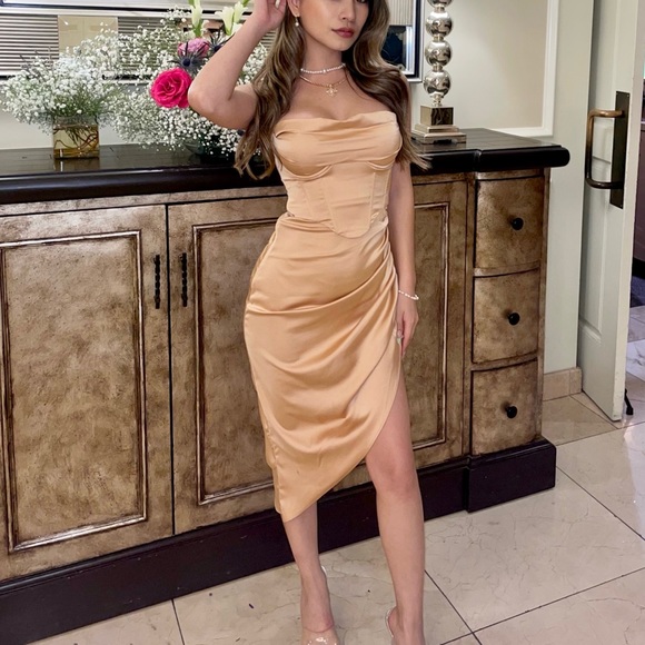 OhPolly A MINUTE PAST MIDNIGHT Cowl Neck Midi Dress In Beige - Picture 16 of 16